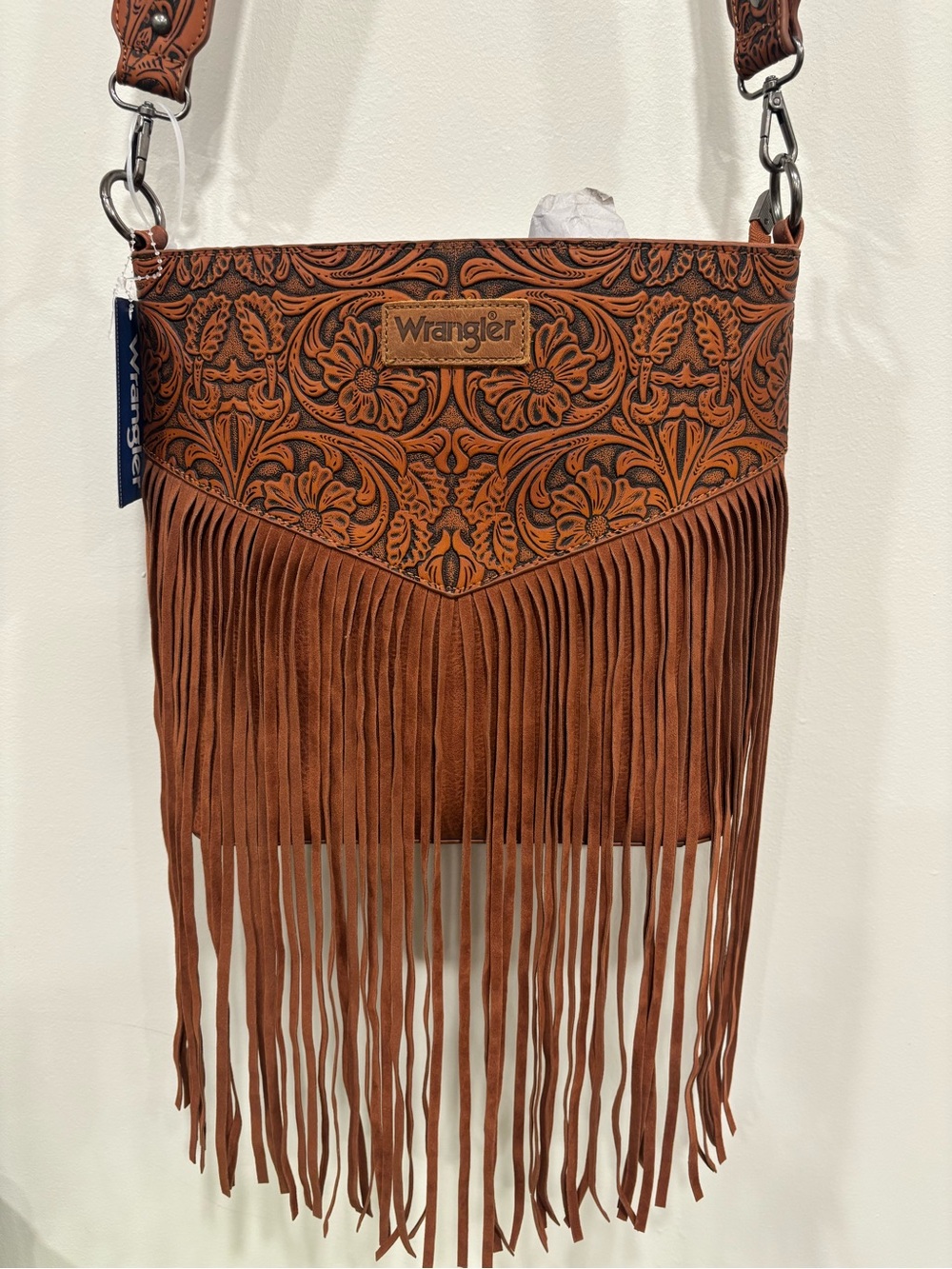 Wrangler Brown Leather Tooled Floral Fringe Crossbody - Picture 1 of 16